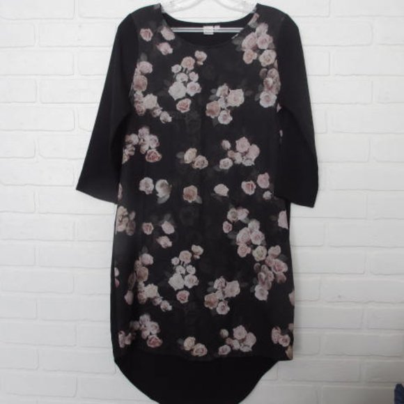 Simons Twik Black with Pink Roses High Low Shift Dress 3/4 Sleeve Size Small - Picture 1 of 9